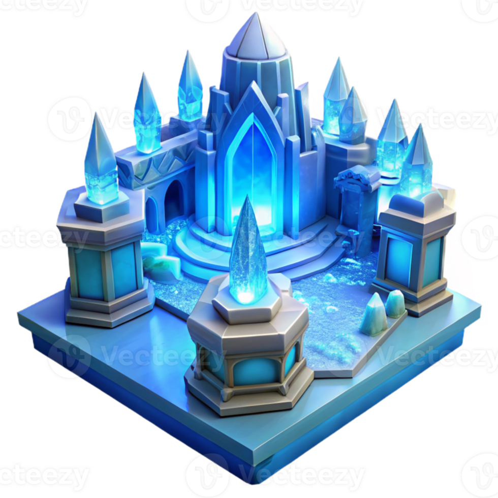 extraordinary traditional Ice palace, intricate ice sculptures, glowing blue interior lighting, magical atmosphere, fantasy style authentic png