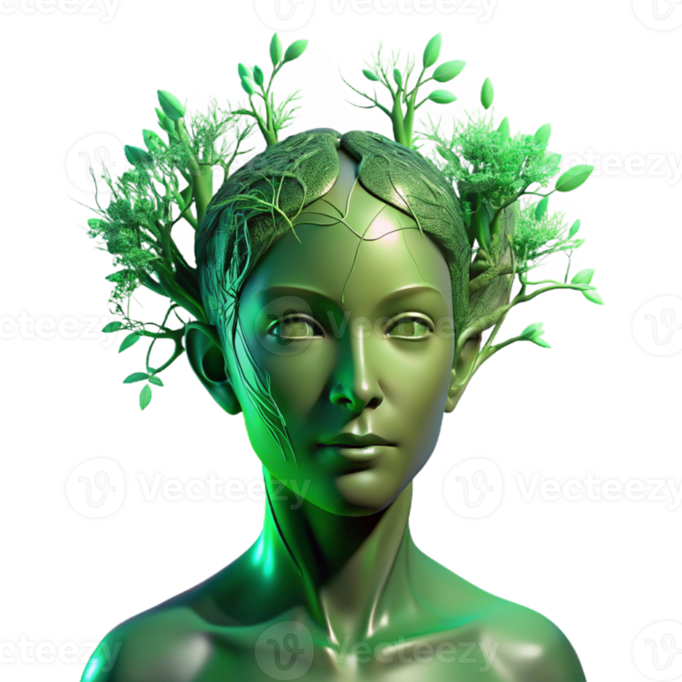serene contemporary Portrait of a person morphing into a tree, with branches and leaves growing from their skin, lit by ethereal, green light, in a surreal style professional png