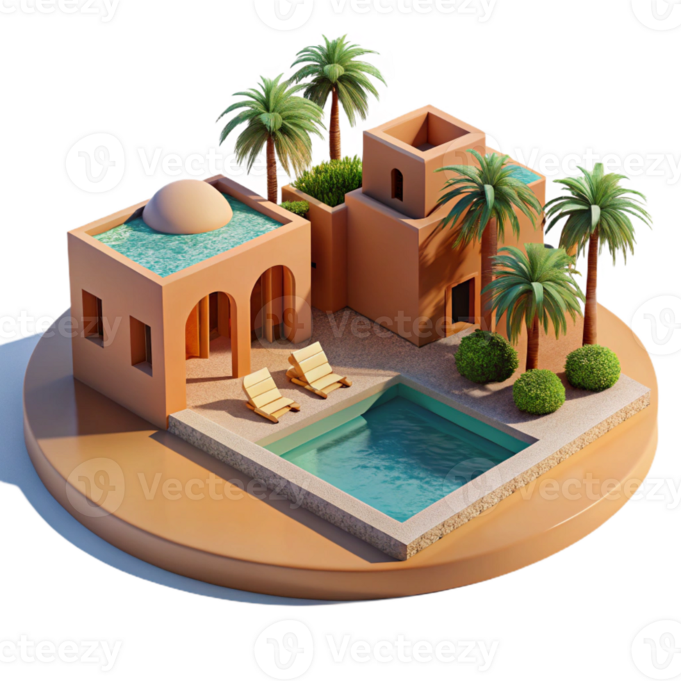 beautiful modern Desert oasis resort, low-slung adobe buildings, shimmering pool reflecting palm trees, intense desert sunlight, travel photography style genuine png
