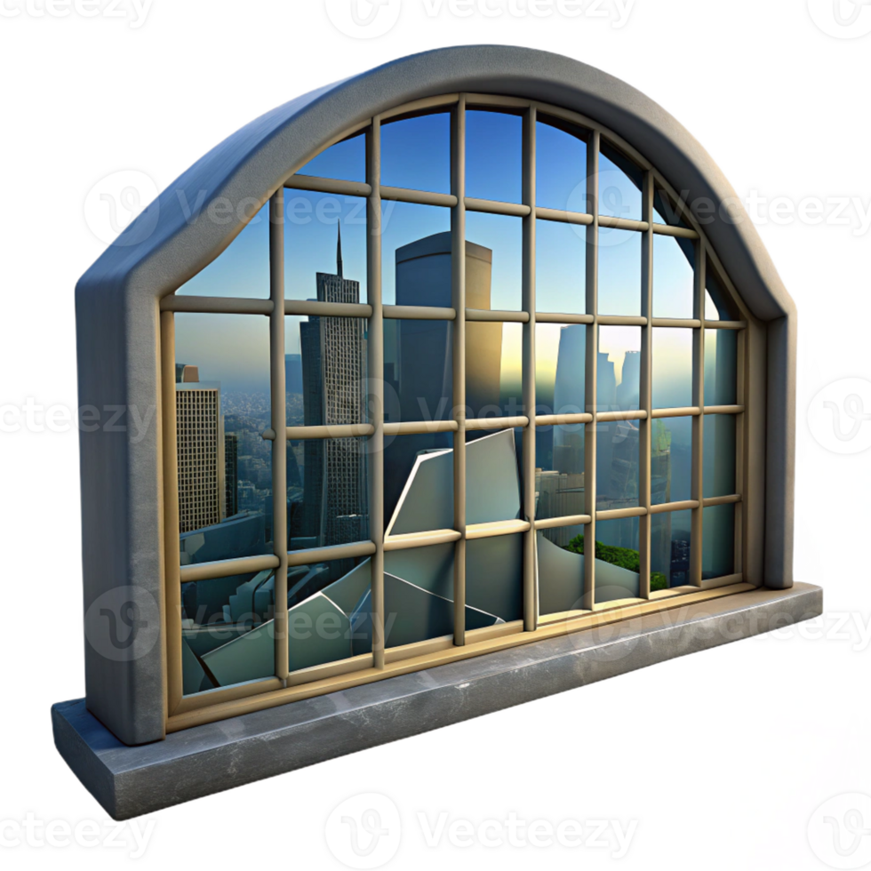 dramatic traditional A broken window in an abandoned building, reflecting a distorted view of the cityscape. Urban decay style, natural lighting professional png