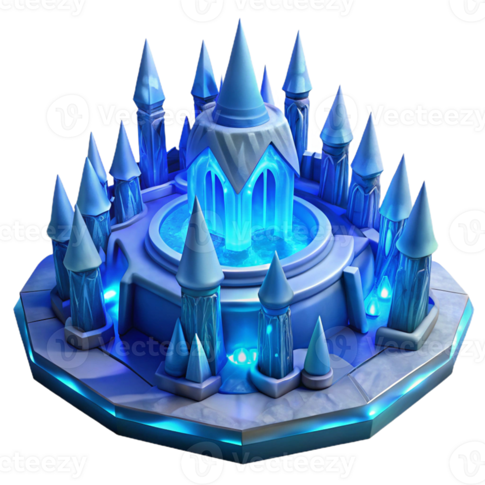 stunning rustic Ice palace, intricate ice sculptures, glowing blue interior lighting, magical atmosphere, fantasy style detailed png