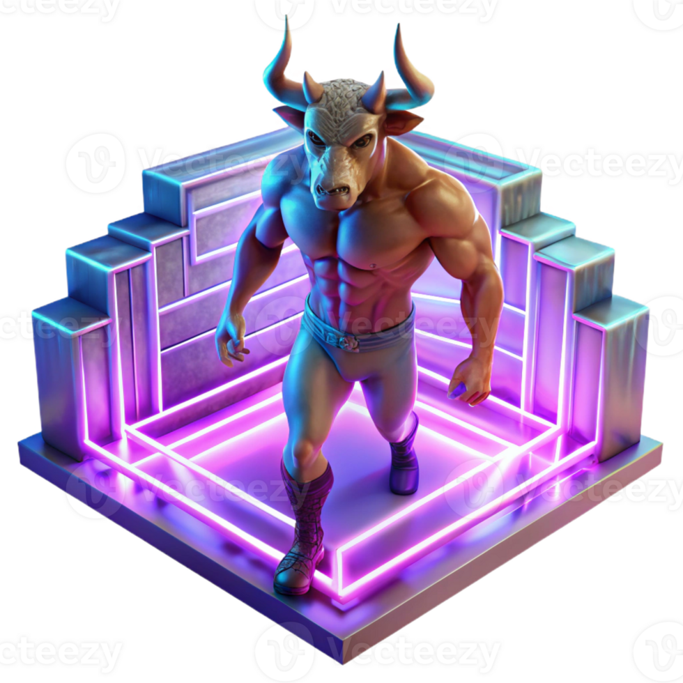extraordinary traditional A fearsome Minotaur, with the body of a man and the head of a bull, trapped within a labyrinth of glowing, crystalline walls. Neon lighting. Synthwave style authentic png