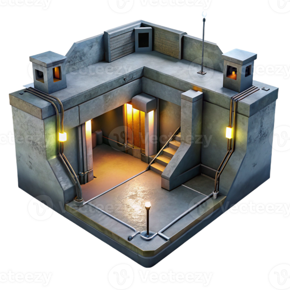 serene traditional Underground bunker, concrete walls, artificial lighting, claustrophobic atmosphere, dystopian style exclusive png