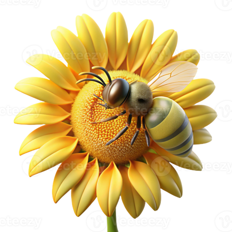 magnificent minimalist A close-up of a bee collecting pollen from a sunflower, golden hour lighting, macro photography genuine png