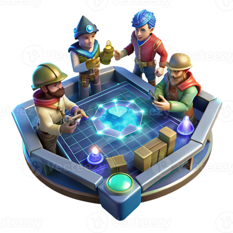 magnificent modern A group of space pirates, gathered around a holographic map in the dimly lit hold of their spaceship. Chiaroscuro lighting, gritty style exclusive png
