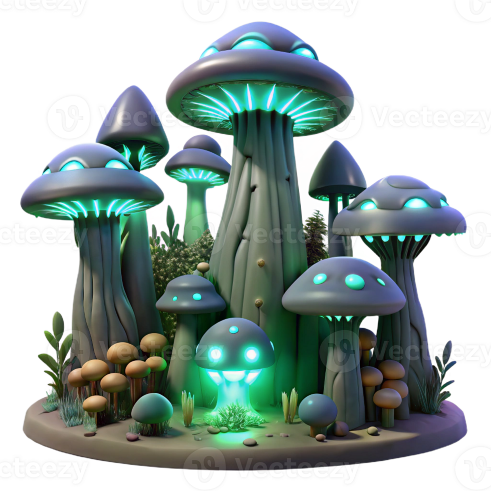 dramatic classic A bioluminescent alien forest, towering fungal trees glowing with otherworldly light, strange creatures with glowing eyes peering from the shadows. Fantasy art style genuine png