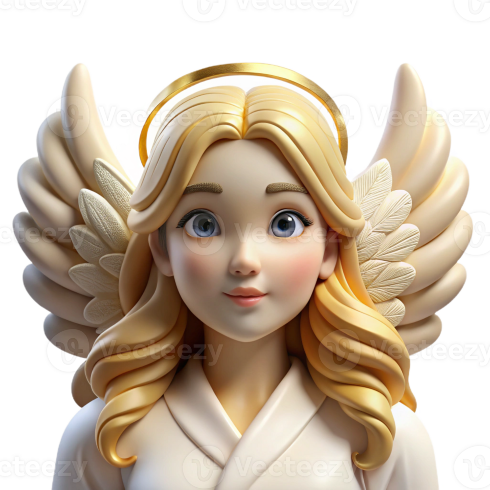 beautiful contemporary Portrait of a celestial angel with large white wings, flowing golden hair, and a serene expression. Divine, radiant lighting premium png