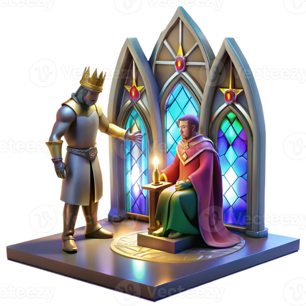 beautiful minimalist A medieval knight kneeling before a king in a grand, vaulted hall, stained-glass windows casting colorful light, detailed digital art style professional png