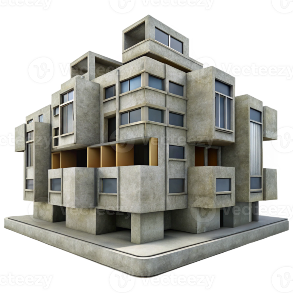 vibrant classic Brutalism concrete residential complex, repetitive modular units, overcast sky, gritty texture, photorealistic render high resolution png