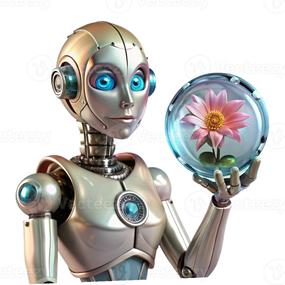 dramatic creative A humanoid robot, with intricate clockwork mechanisms visible beneath its transparent skin, gazing at a blooming robotic flower. Soft lighting, steampunk style exclusive png