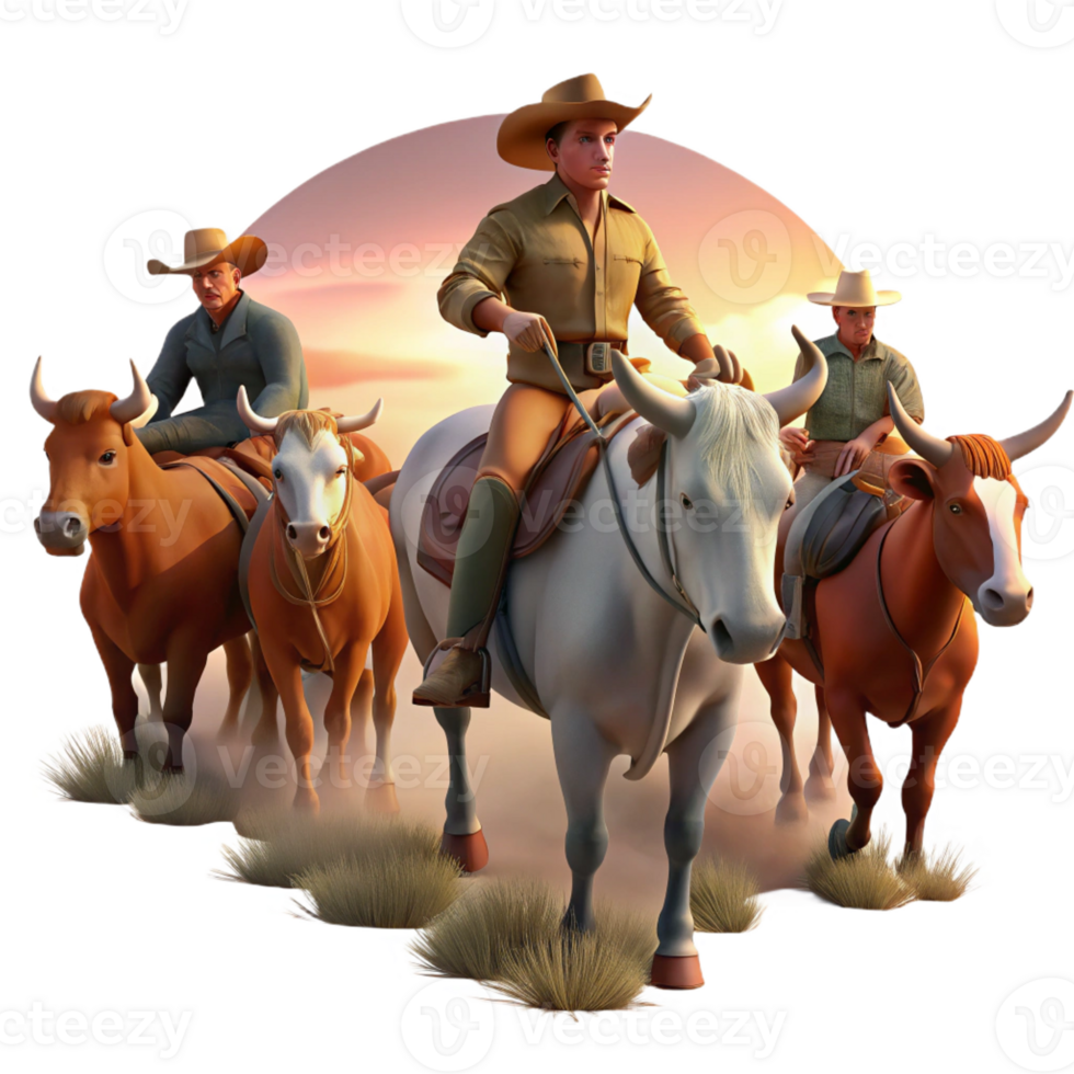 elegant minimalist A group of cowboys on horseback driving a herd of cattle across the plains, dusty, sunset lighting, Western painting style high quality png
