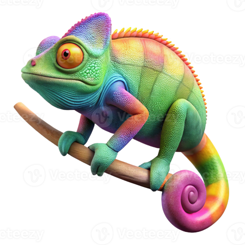 vibrant creative A vibrant chameleon perched on a branch, its skin displaying a rainbow of colors, studio lighting with high contrast, photorealistic style original png
