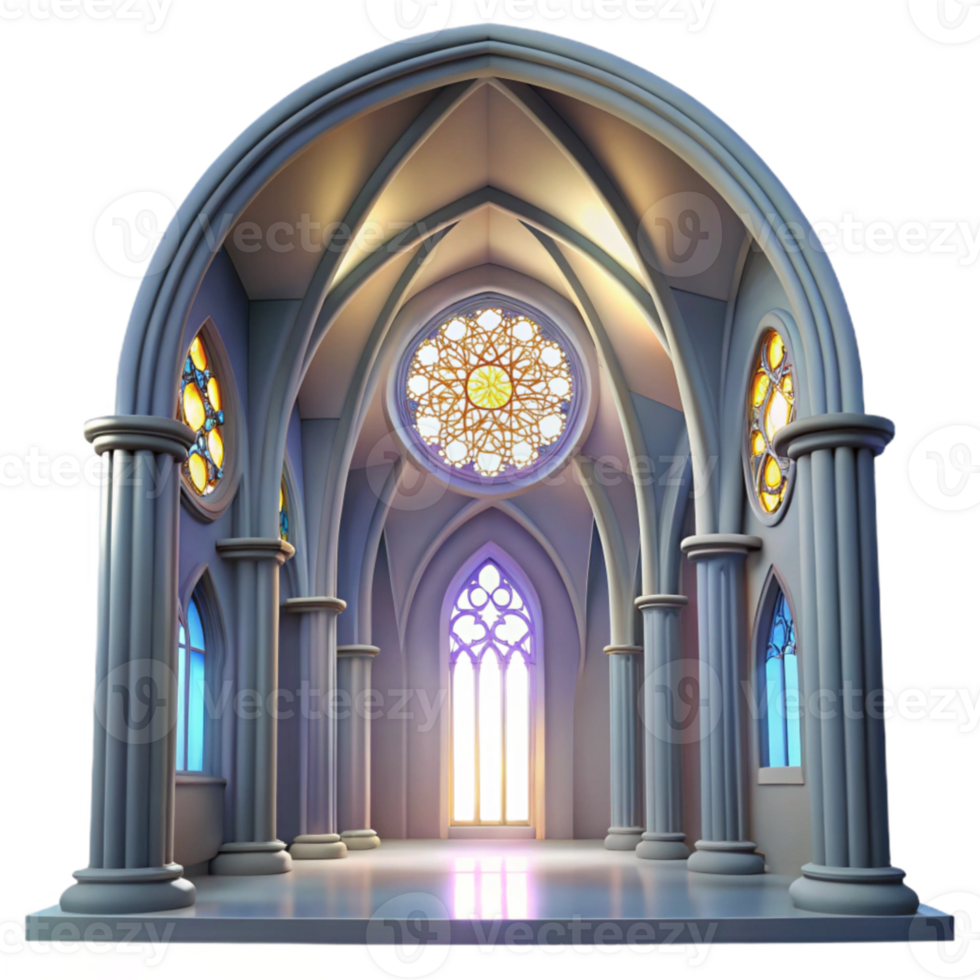 stunning artistic Gothic cathedral interior, stained glass rose window, shafts of light, ethereal mood, ray tracing, hyperrealistic 4K png