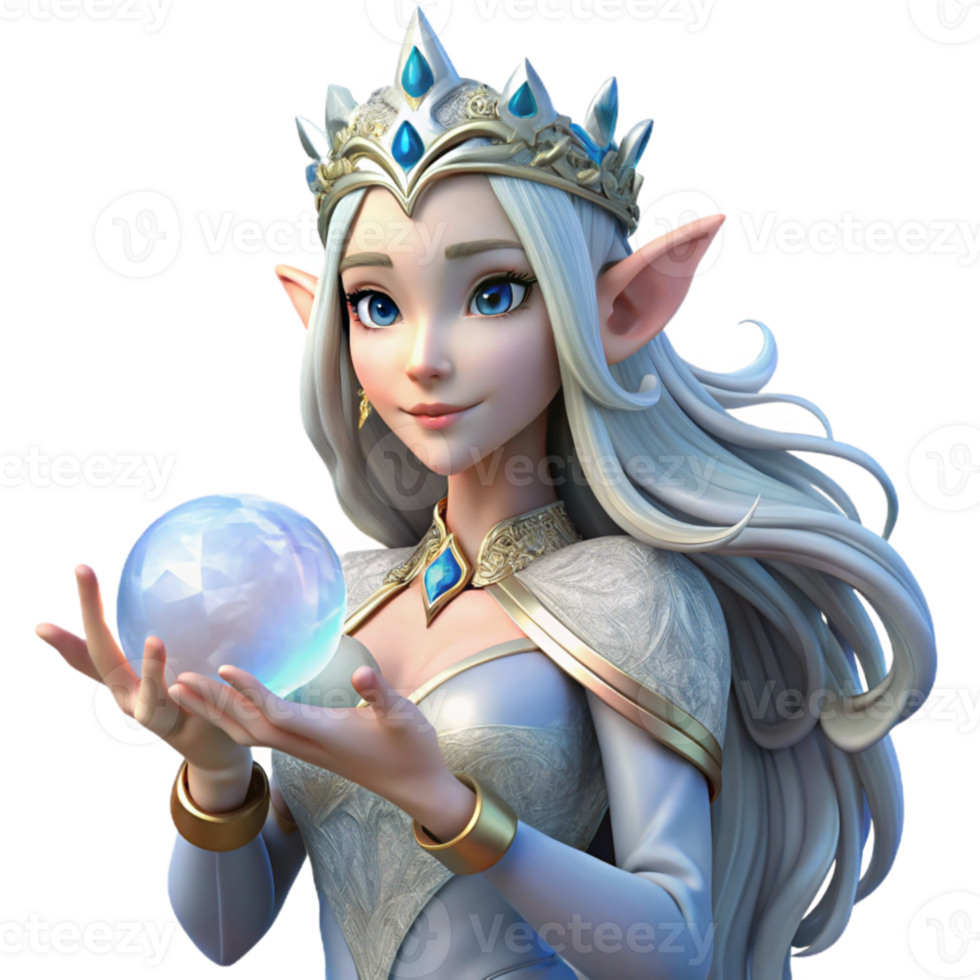 serene traditional A beautiful elf queen with flowing silver hair and a crown of woven starlight, holding a crystal orb. Soft lighting, pre-Raphaelite style original png