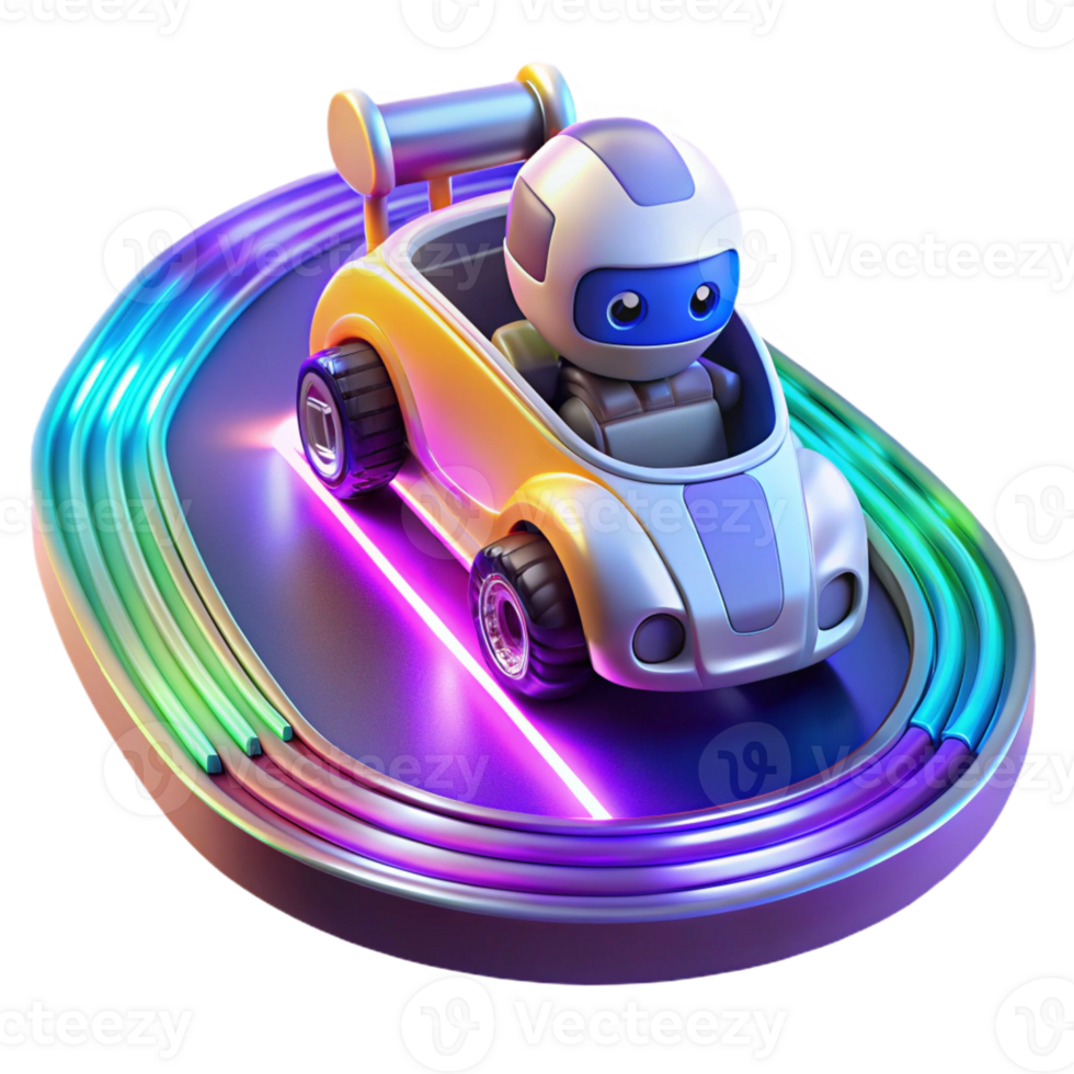 vibrant minimalist A robot racing car speeding around a futuristic track, lit by colorful neon lights and speed trails in a racing game style detailed png