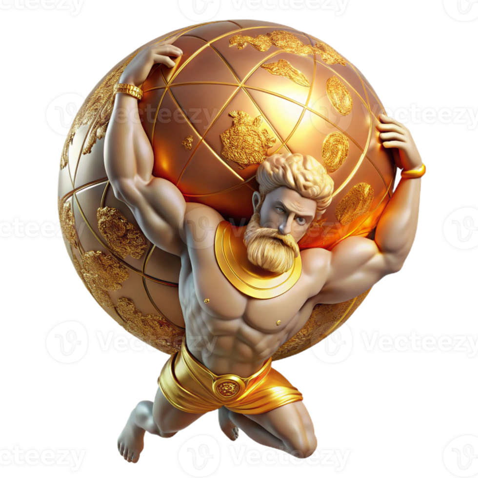 stunning traditional A powerful titan, Atlas, holding the celestial sphere on his shoulders, struggling under its immense weight. Divine, golden lighting. Renaissance style professional png