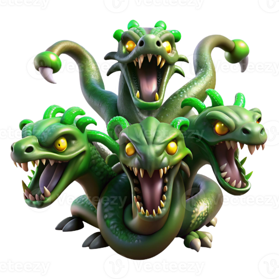serene vintage A powerful hydra with multiple heads, each spewing venomous green fumes, dark, stormy background. Dark fantasy style exclusive png