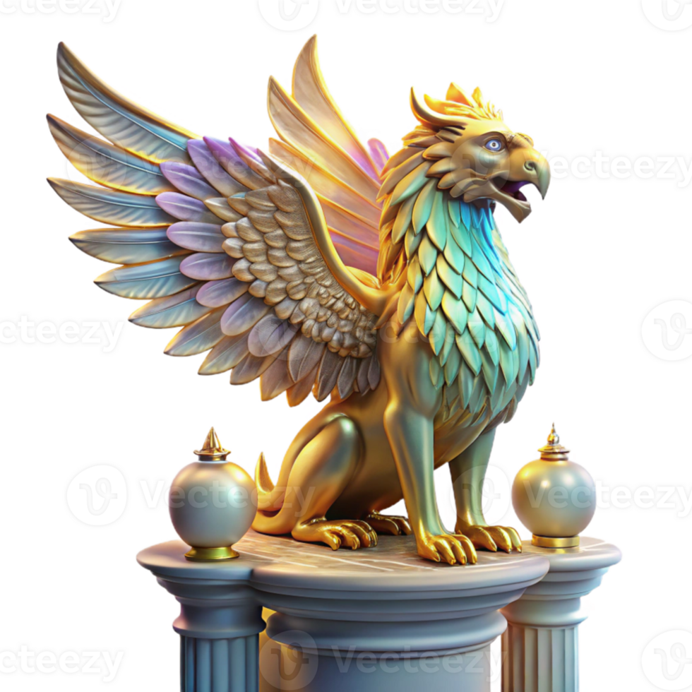 wonderful contemporary A majestic griffin with iridescent feathers, perched atop a crumbling marble pillar, lit by a single ray of golden light, in a hyperrealistic style original png