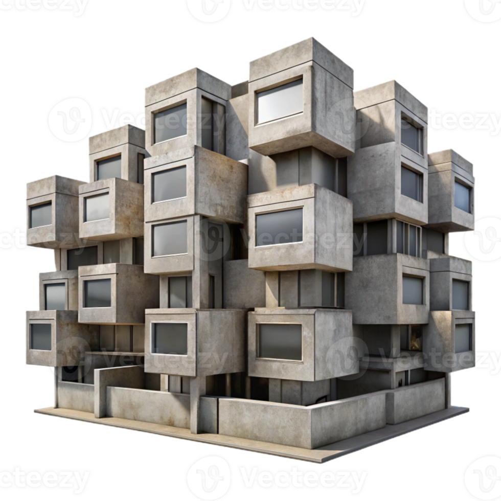 impressive abstract Brutalist concrete apartment complex, repetitive modular units, exposed concrete textures, overcast sky, gritty urban photography style original png