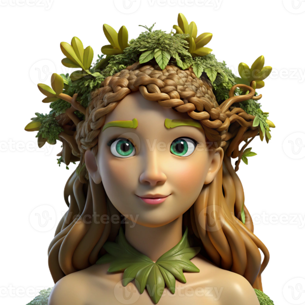 elegant traditional A dryad emerging from an ancient oak, her skin crafted from bark and moss, her hair a cascade of leaves. Sunlight dappling through the unseen canopy. Pre-Raphaelite style authentic png