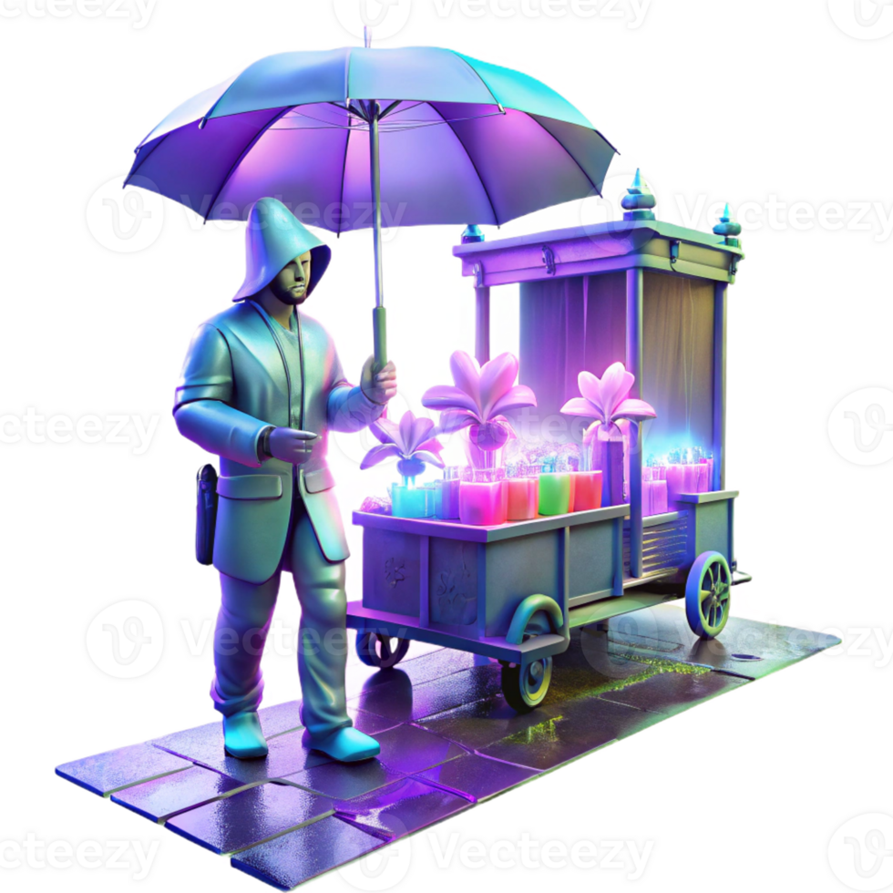 magnificent modern A lone cyberpunk street vendor, bathed in the electric glow of holographic advertisements, selling bioluminescent orchids in a rain-slicked alley. Cyberpunk style, neon lighting 4K png