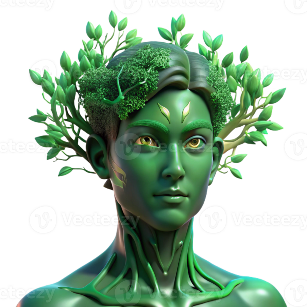 dramatic artistic Portrait of a person morphing into a tree, with branches and leaves growing from their skin, lit by ethereal, green light, in a surreal style original png