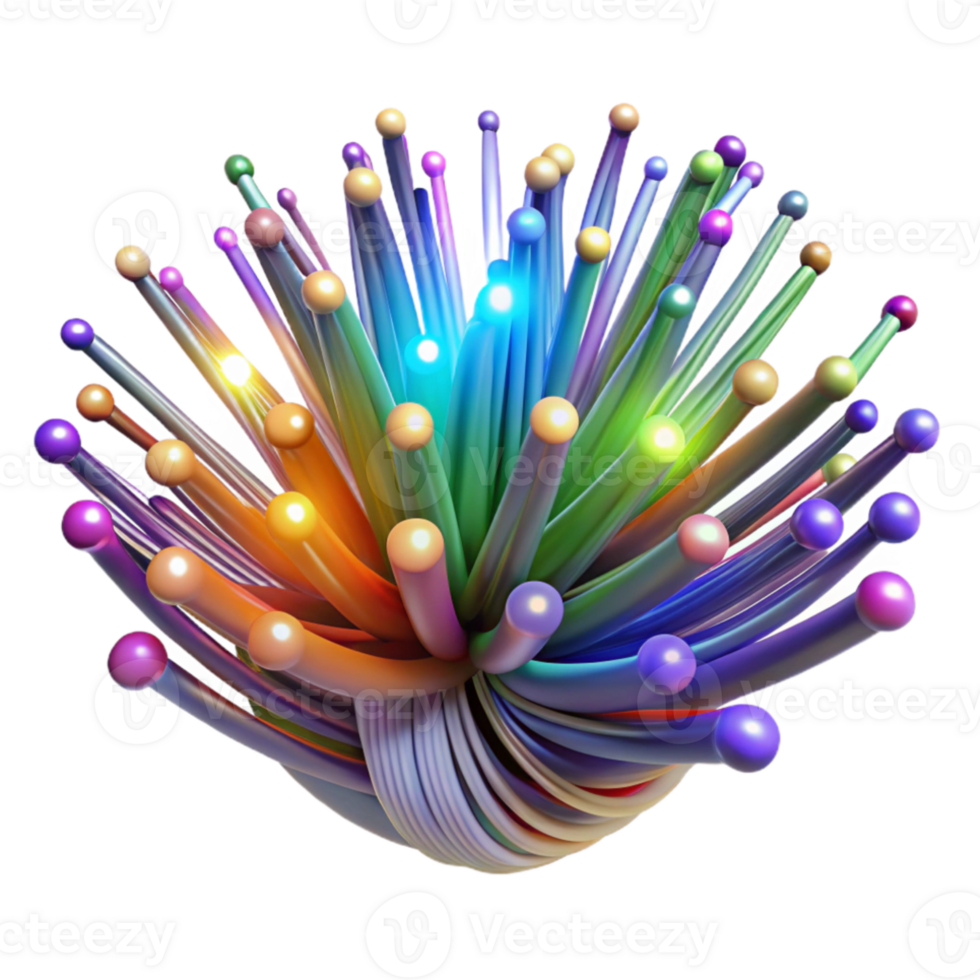 elegant contemporary Intricate network of fiber optic cables pulsing with multicolored light, dark background, cyberpunk style high quality png