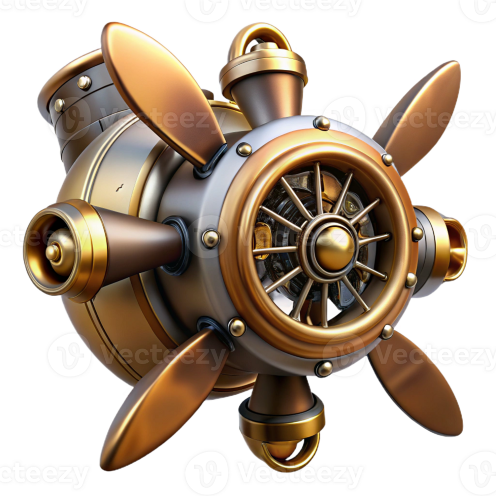 stunning classic A powerful steampunk airship propeller, massive brass blades, intricate gears and mechanisms, dynamic, high-contrast lighting high quality png