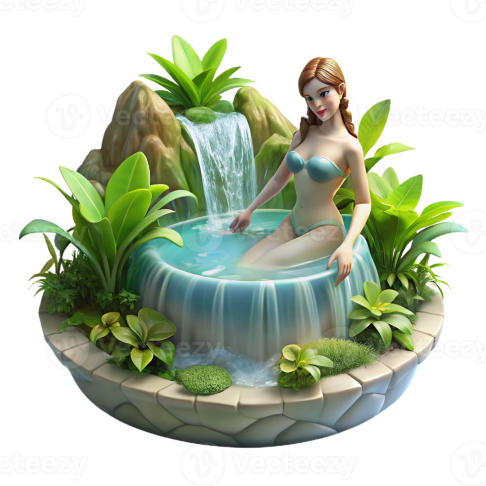 stunning contemporary A graceful nymph bathing in a crystal-clear waterfall, surrounded by lush foliage, lit by dappled sunlight, in a Renaissance painting style high quality png