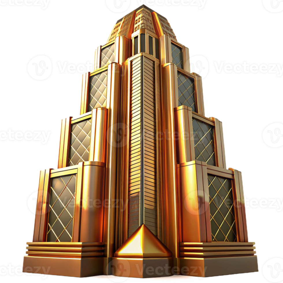 wonderful vintage Art Deco skyscraper, intricate geometric facade, chrome accents, golden hour sunlight, ray tracing, highly detailed, cinematic, genuine png