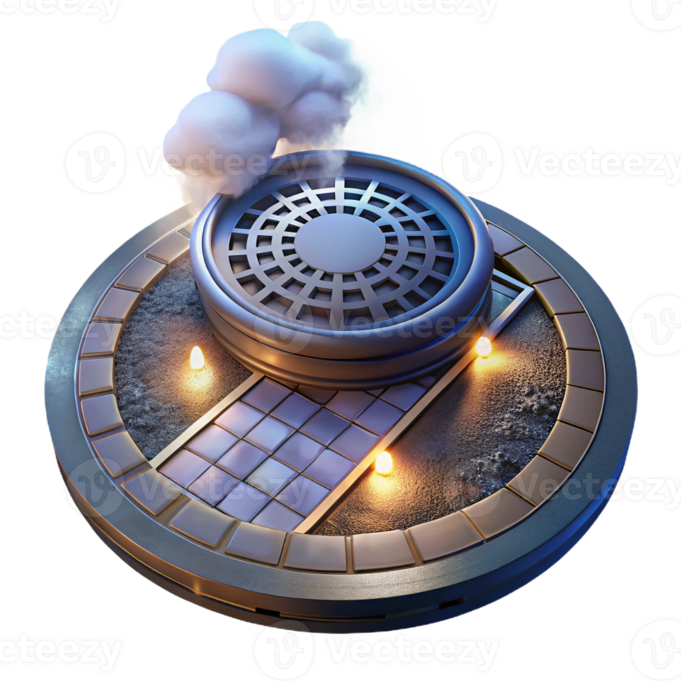 elegant modern A steamy manhole cover in the middle of a busy street, illuminated by the headlights of passing cars. Urban grit style, night lighting premium png