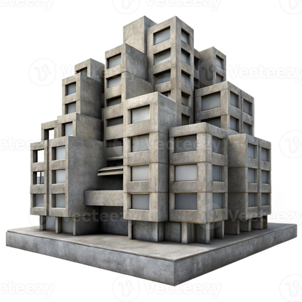 beautiful traditional Brutalism concrete residential complex, repetitive modular units, overcast sky, gritty texture, photorealistic render authentic png