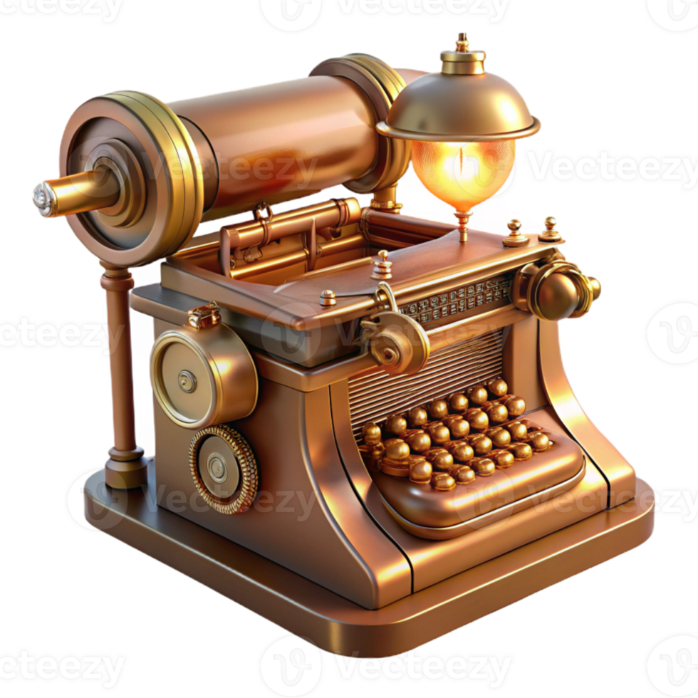 impressive vintage A intricate steampunk typewriter, brass and copper construction, keys and levers visible, lit by a warm, desk lamp light professional png