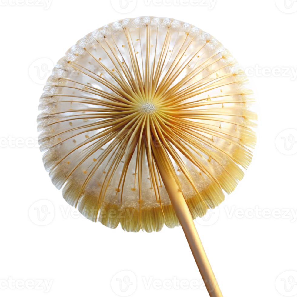 serene vintage A single dandelion seed head, delicate and intricate, backlit by golden light, macro photography, ethereal style, genuine png