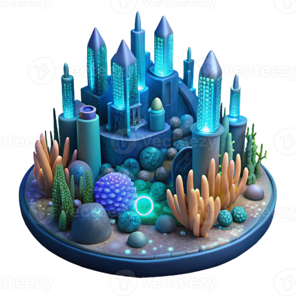 vibrant modern Underwater city, bioluminescent coral structures, deep ocean lighting, surreal atmosphere, science fiction style 4K png