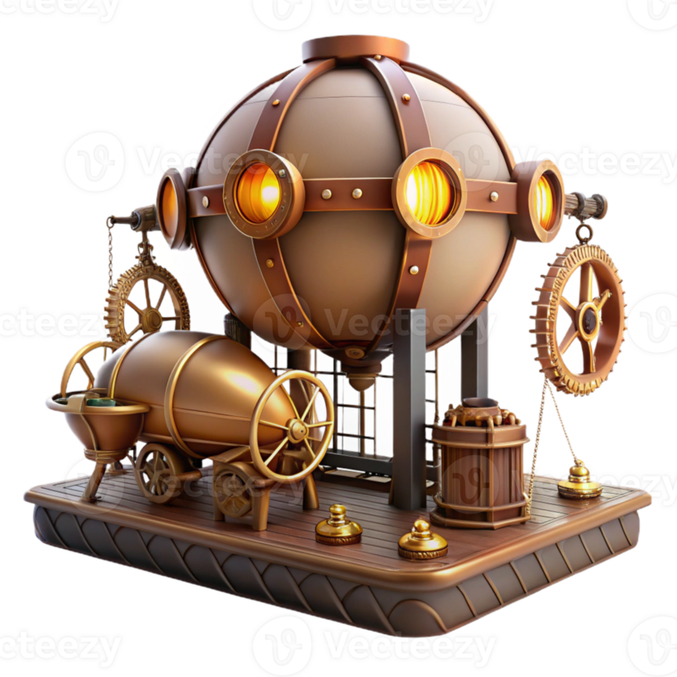 serene traditional Steampunk airship dock, intricate gears and pipes, warm industrial lighting, retro-futuristic style high resolution png
