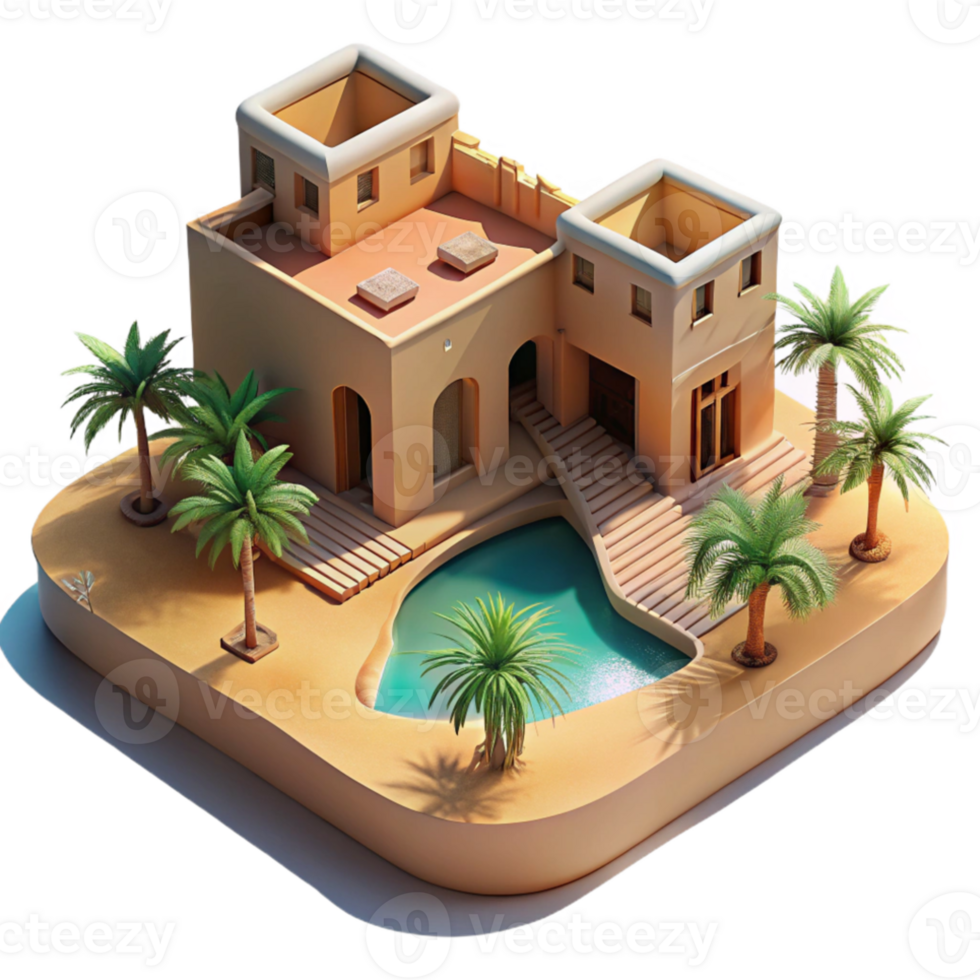 stunning abstract Desert oasis resort, low-slung adobe buildings, shimmering pool reflecting palm trees, intense desert sunlight, travel photography style premium png