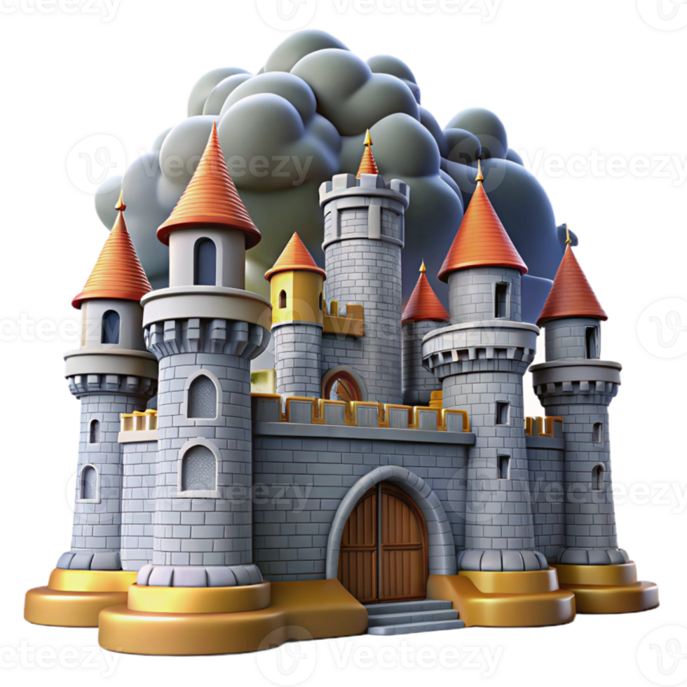 extraordinary classic Medieval castle, stone walls and towers, drawbridge, dramatic stormy sky lighting, fantasy illustration style premium png