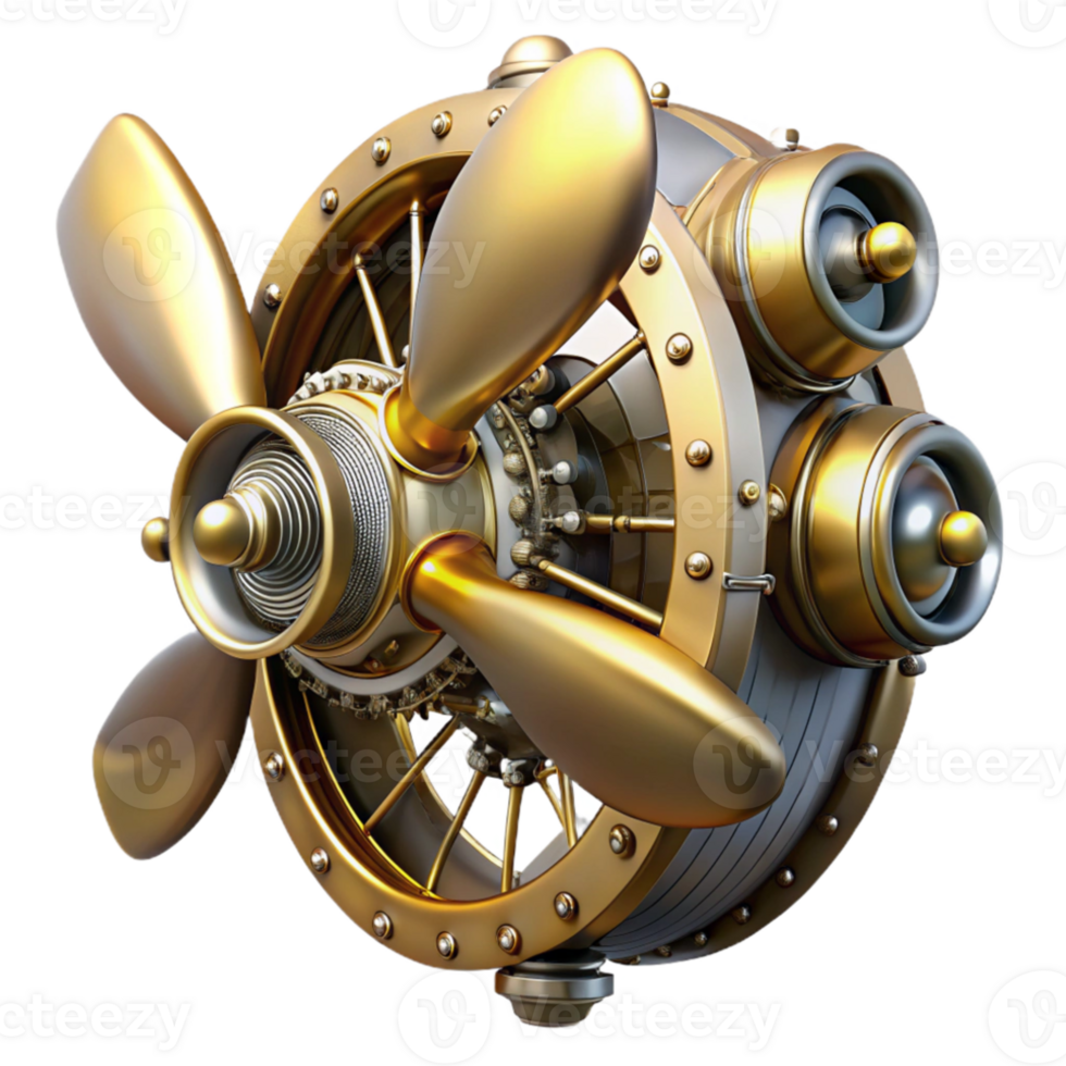 impressive creative A powerful steampunk airship propeller, massive brass blades, intricate gears and mechanisms, dynamic, high-contrast lighting professional png