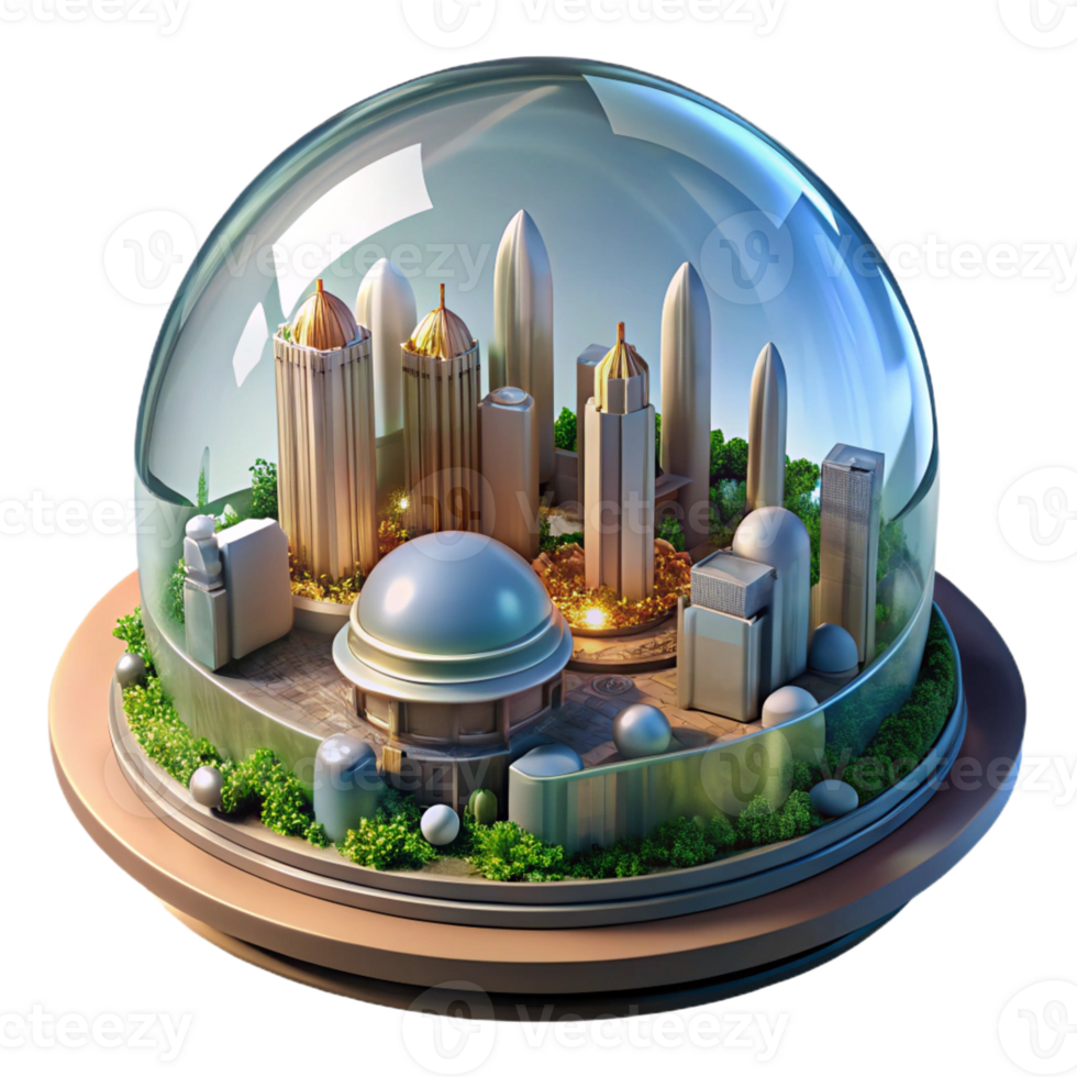 dramatic creative A futuristic city built inside a giant dome, lush vegetation growing within, the soft light of artificial suns illuminating the scene. Biopunk style original png