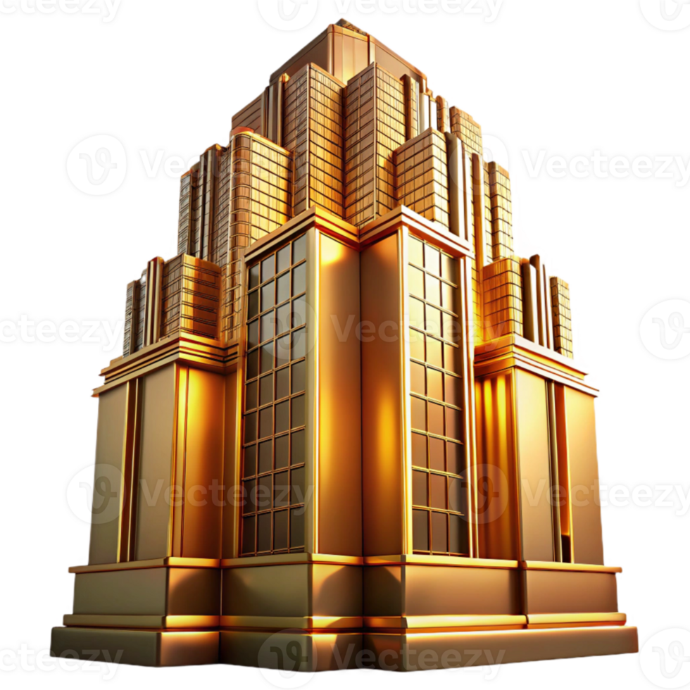 magnificent creative Art Deco skyscraper, intricate geometric facade, chrome accents, bathed in golden sunset light, highly polished surfaces high resolution png