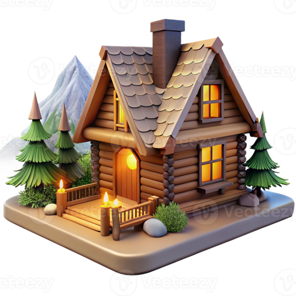 dramatic abstract Log cabin, rustic design, wood interior, fireplace, warm lighting, mountain setting high quality png