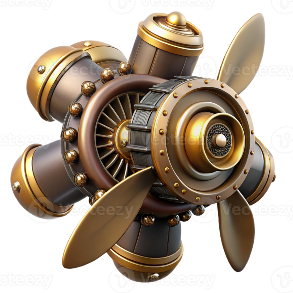 vibrant abstract A powerful steampunk airship propeller, massive brass blades, intricate gears and mechanisms, dynamic, high-contrast lighting original png