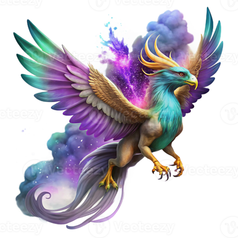 impressive minimalist A majestic griffin with emerald scales and feathered wings, soaring through a swirling nebula of purple and gold. Dramatic lighting, digital painting style exclusive png