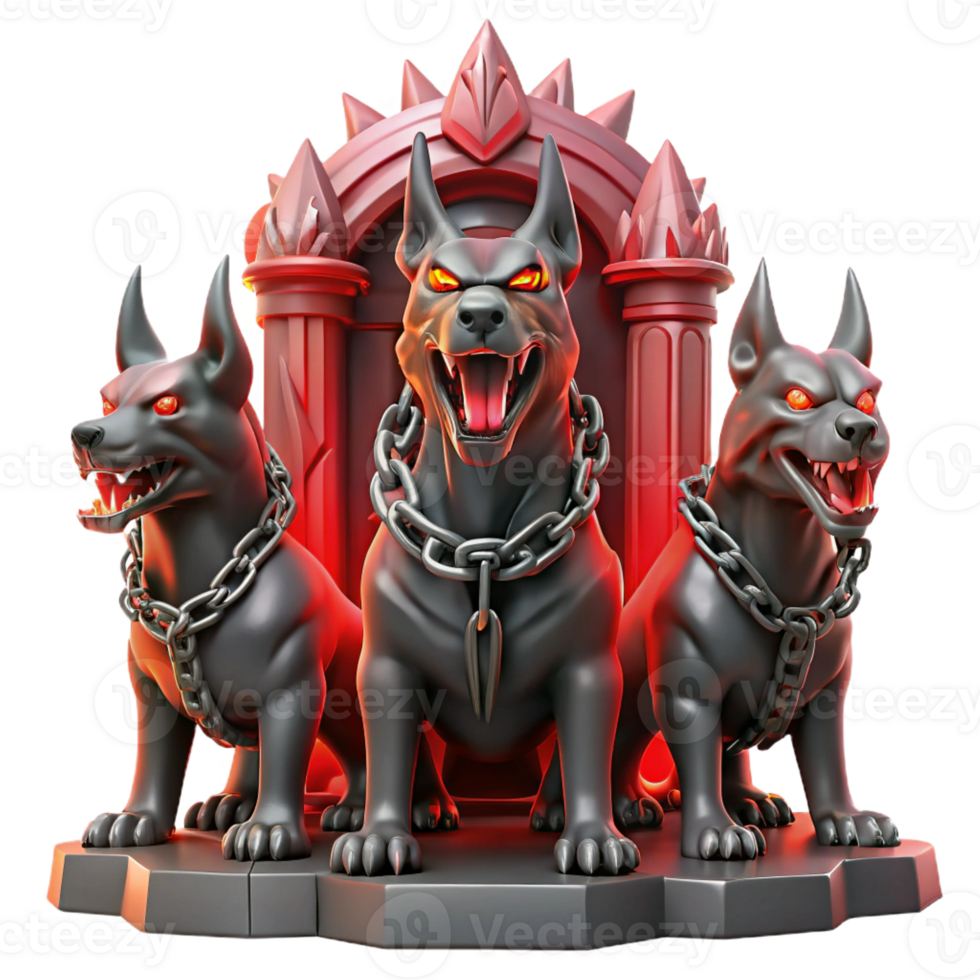 stunning contemporary A three-headed Cerberus guarding the gates of the underworld, bathed in hellish red light, chains rattling. Dark fantasy style high quality png