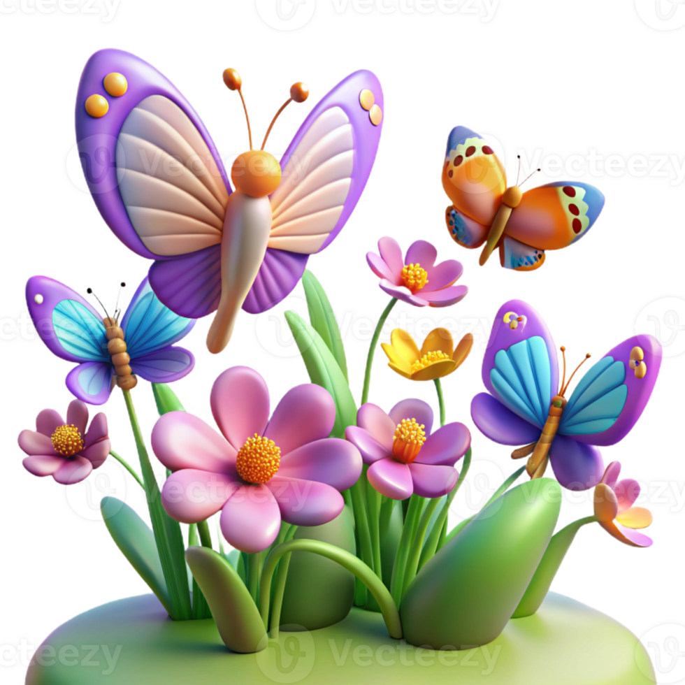 extraordinary traditional A group of butterflies fluttering around a field of wildflowers, rendered in a vibrant, impressionistic style with soft, diffused lighting premium png