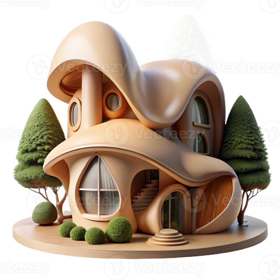 vibrant rustic Organic architecture house, flowing curves mimicking natural forms, wood and stone materials, soft dappled forest light, digital painting style high resolution png