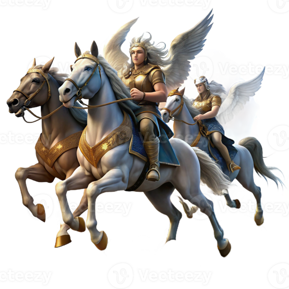serene abstract A group of Valkyries, riding winged horses across a stormy sky, carrying fallen warriors to Valhalla. Dramatic, stormy lighting. Norse mythology style detailed png