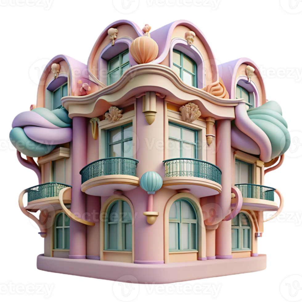 wonderful minimalist Art Nouveau apartment building, flowing lines, floral motifs, pastel colors, Alphonse Mucha style, genuine png