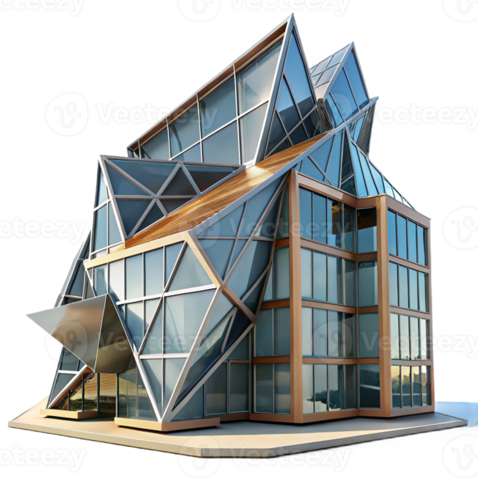 wonderful vintage Deconstructivist office building, fragmented forms, sharp angles, steel and glass construction, harsh midday sun, photorealistic render authentic png